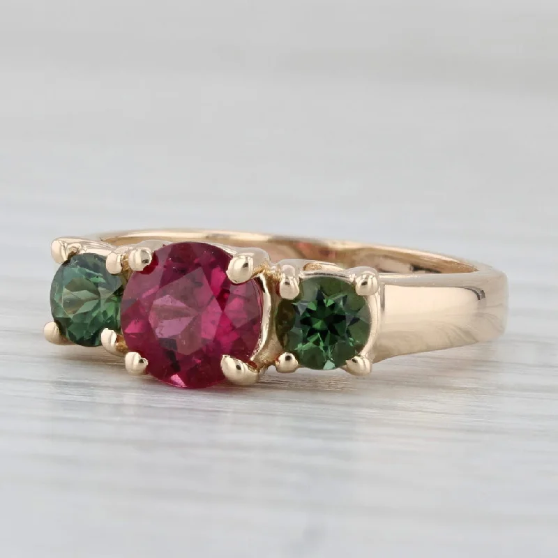 round cut engagement rings for women-1.51ctw 3-Stone Rubellite Green Tourmaline Ring 14k Yellow Gold Size 5.25