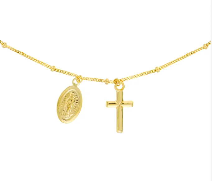 layered gold necklace for women-14K Yellow Gold Choker with Dangling Virgin Mary + Cross