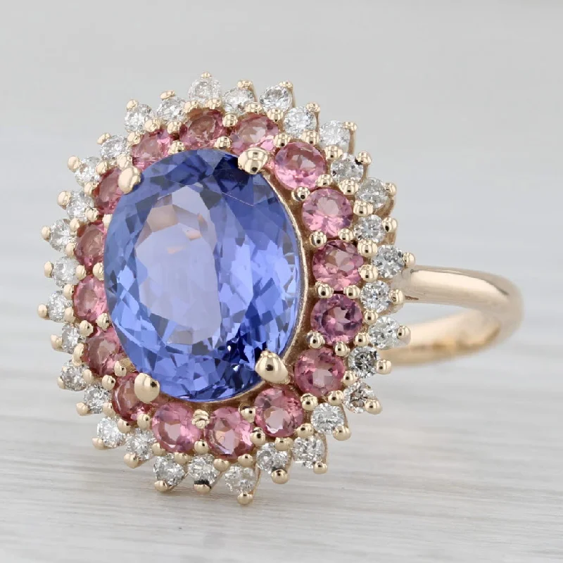 halo sapphire engagement rings for women-3.58ctw Tanzanite Pink Tourmaline Diamond Halo Ring 10k Yellow Gold Size 5