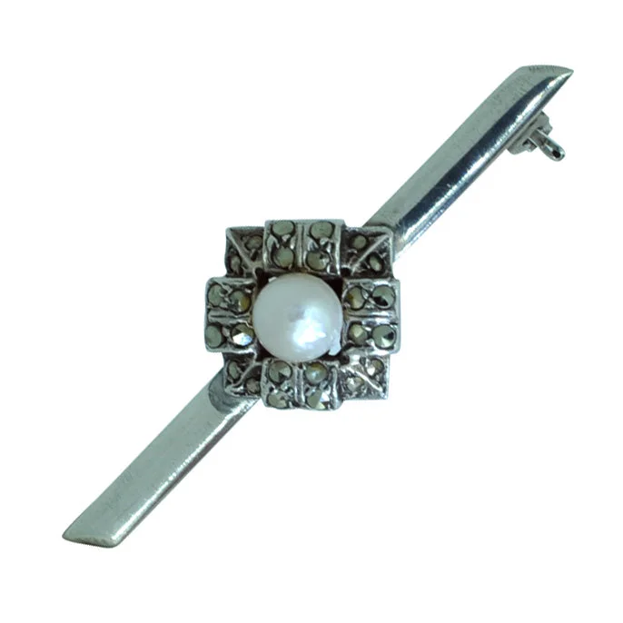 silver floral brooch for women-Marcasite & Pearl Brooch