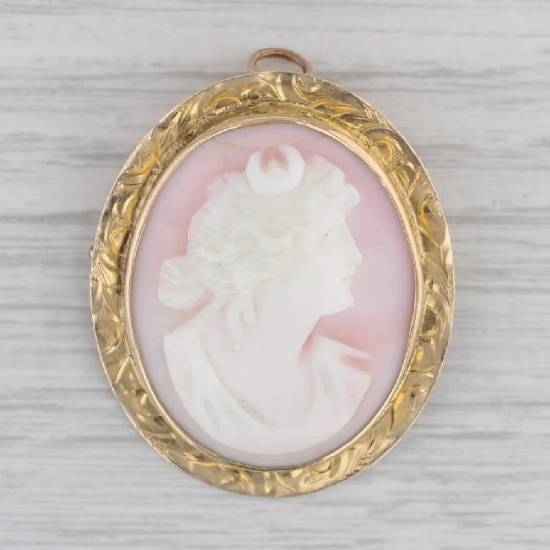 stackable engagement rings for women-Vintage Carved Pink Shell Cameo Brooch Pendant 14k Yellow Gold Pin