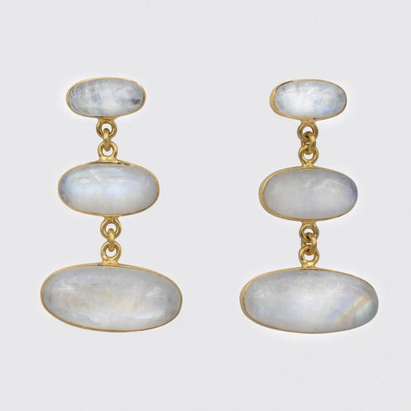 pearl cluster earrings for women-Gold Large Triple Oval Cabochon Rainbow Moonstone Earrings