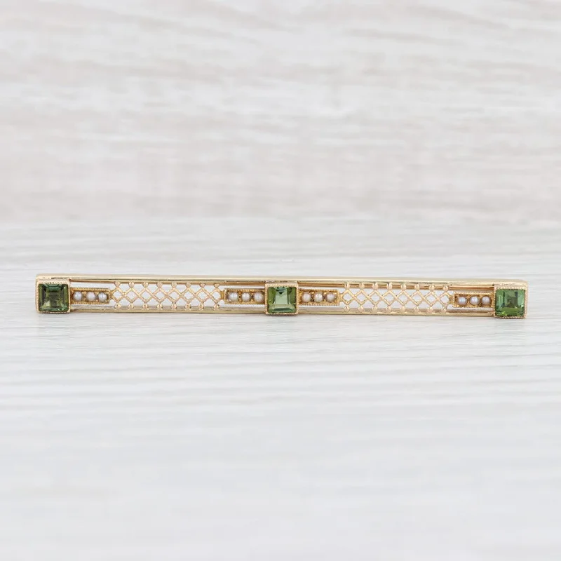 gold solitaire engagement rings for women-Vintage Green Tourmaline Seed Pearl Filigree Bar Pin 14k Yellow Gold Brooch