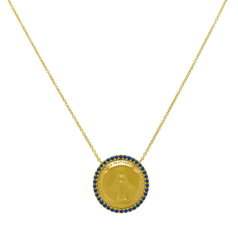 classic diamond pendant necklace for women-Blue Sapphire Halo Miraculous Medal