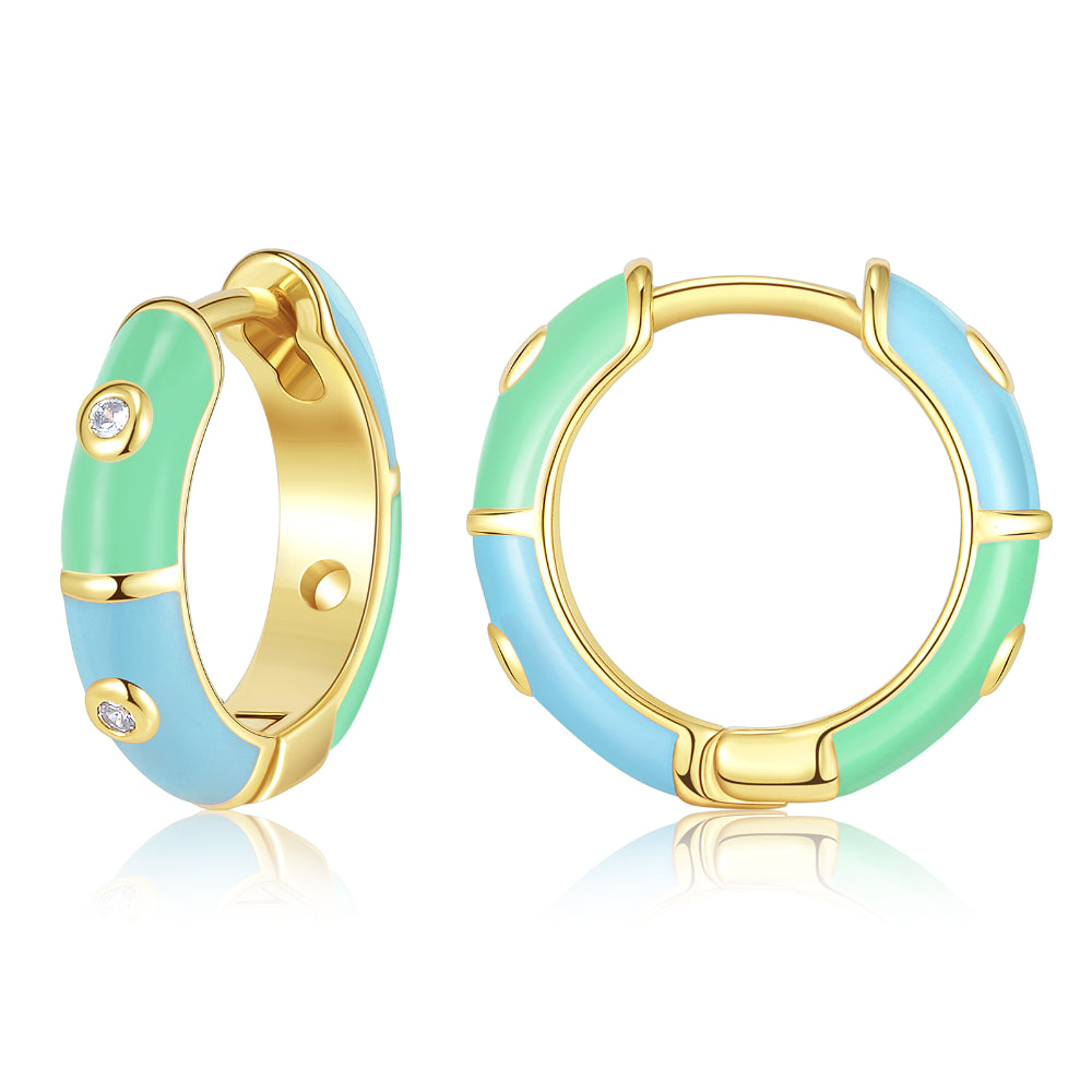 gold diamond stud earrings for women-Dainty Dual-color Enamel Small Hoop Colorful Cute Huggie Earrings Color with Blue-Green