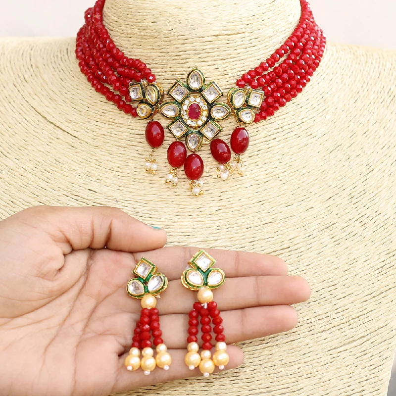 moon and stars necklace for women-Beadsnfashion Glass Crystal Beaded Kundan Choker Set Maroon