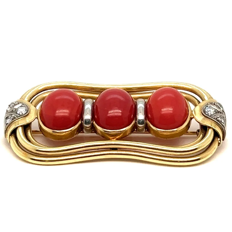 bridal pearl brooch for women-Vintage Oxblood Coral Diamond 14 Karat Yellow Gold Brooch