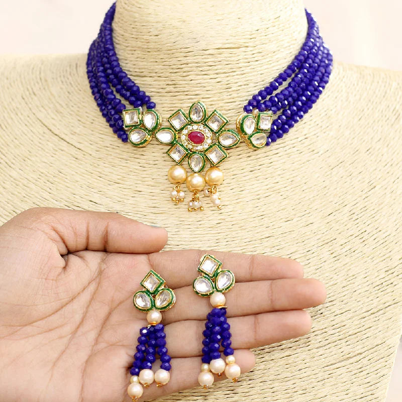 handcrafted gold necklace for women-Beadsnfashion Glass Crystal Beaded Kundan Choker Set Blue