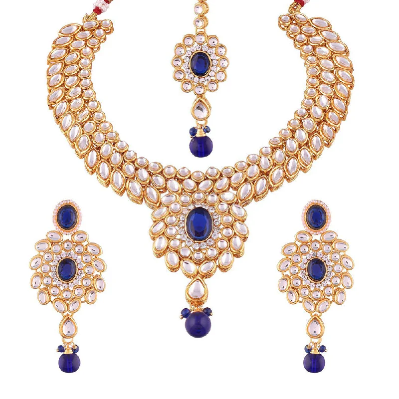 pearl and diamond necklace for women-Etnico Traditional Gold-Plated Kundan Choker Jewellery Set For Women -Blue (Ij319Bl)