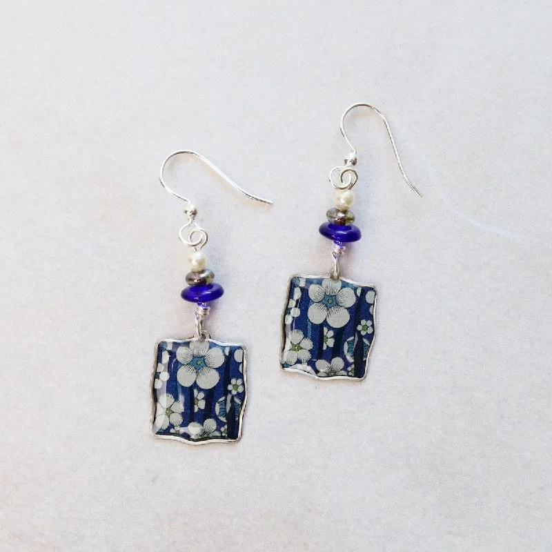 floral stud earrings for women-Blue and White Flowers Square Earrings