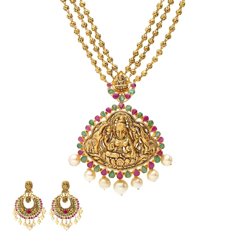 personalized necklace with diamonds for women-22K Gold & Gemstone Jeweled Temple Set