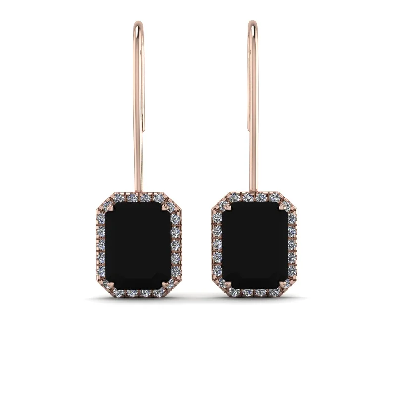 silver drop earrings for women-Halo Emerald Cut Black Diamond Earrings - Izabella No. 8