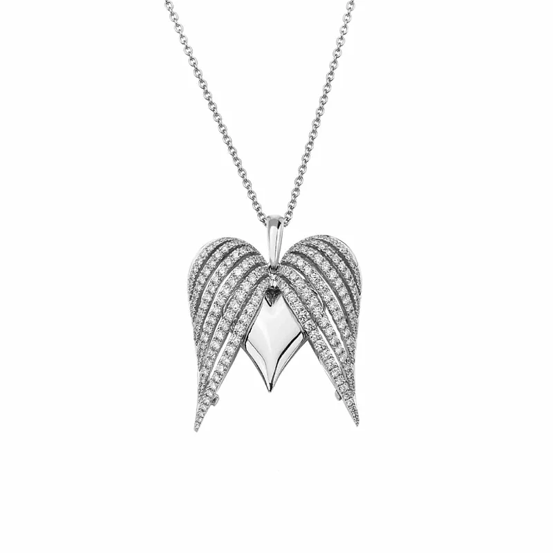 large statement necklace for women-Large Angel Heart Pendant with Diamonds