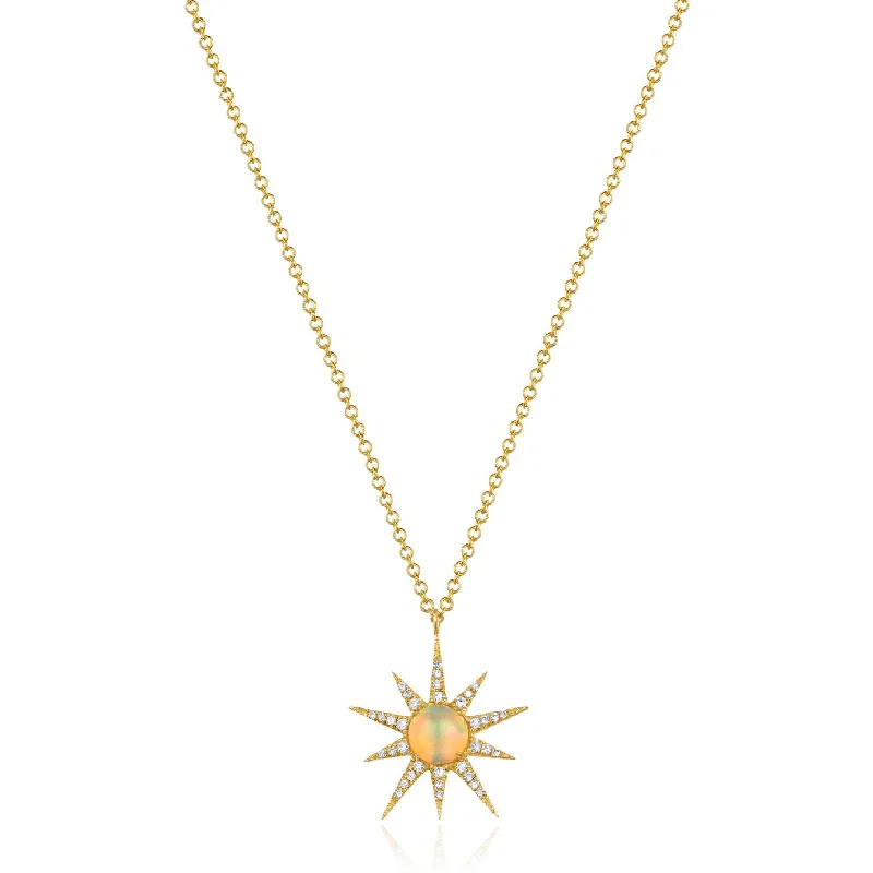 contemporary necklace for women-14K Yellow Gold Diamond + Opal Sunburst Pendant