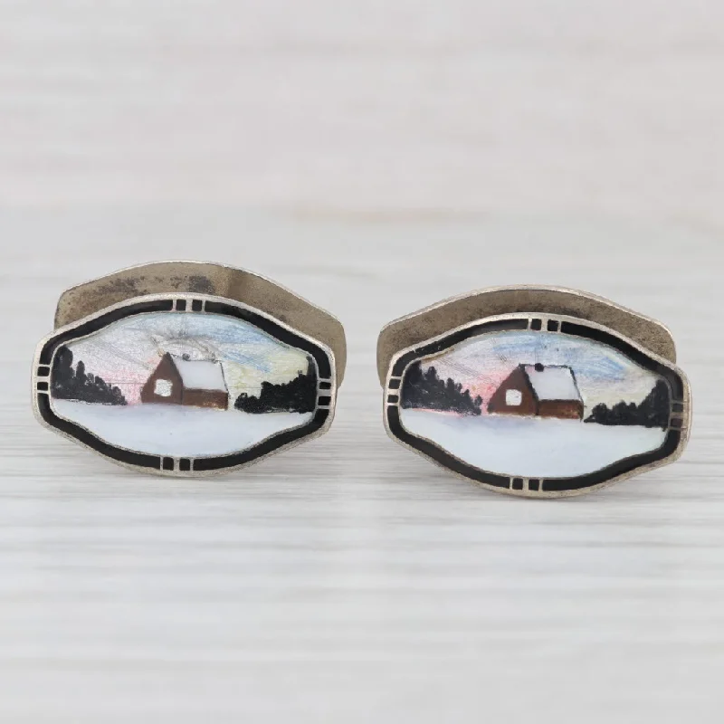 nature-inspired engagement rings for women-Vintage Norwegian Guilloche Enamel Farmhouse Cufflinks Sterling Silver NM Norway