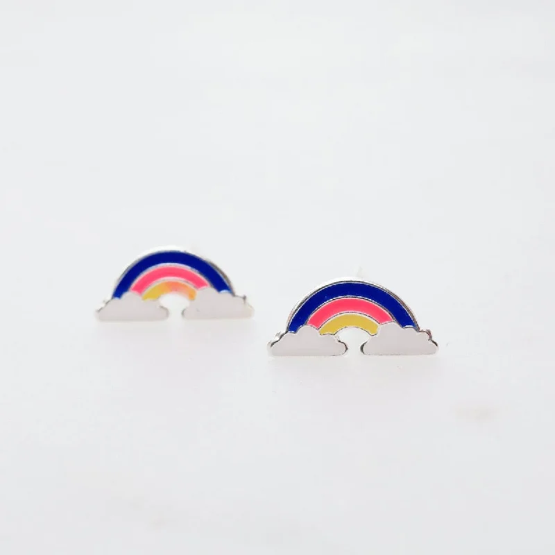 elegant pearl earrings for women-Enamel Rainbow in Clouds Post Earrings - Blue, Hot Pink, & Yellow