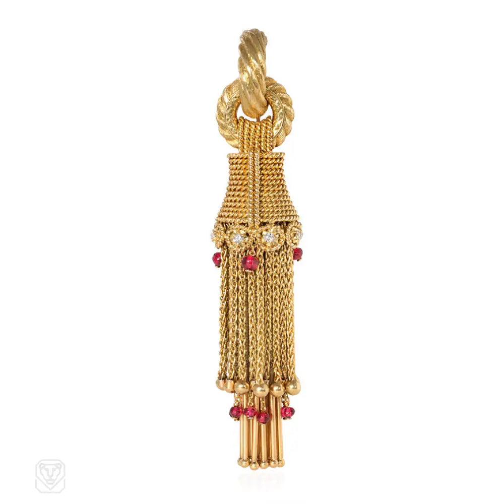 classic floral brooch for women-Gold tassel pendant and brooch, Marchak, Paris