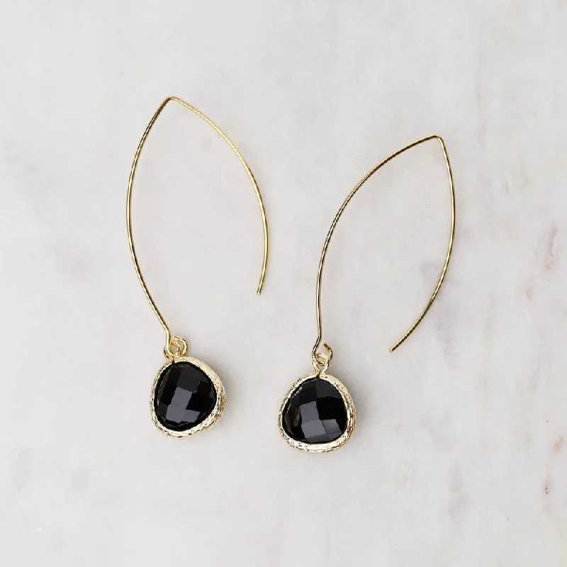 dangling diamond earrings for women-Gold Plated Long Crystal Drop Earrings - Black