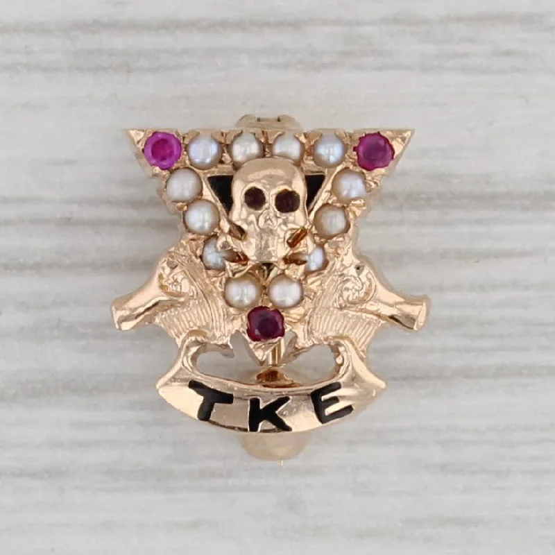 yellow gold engagement rings for women-Tau Kappa Epsilon Skull Pin 10k Gold Pearl Ruby TKE Teke Fraternity Badge