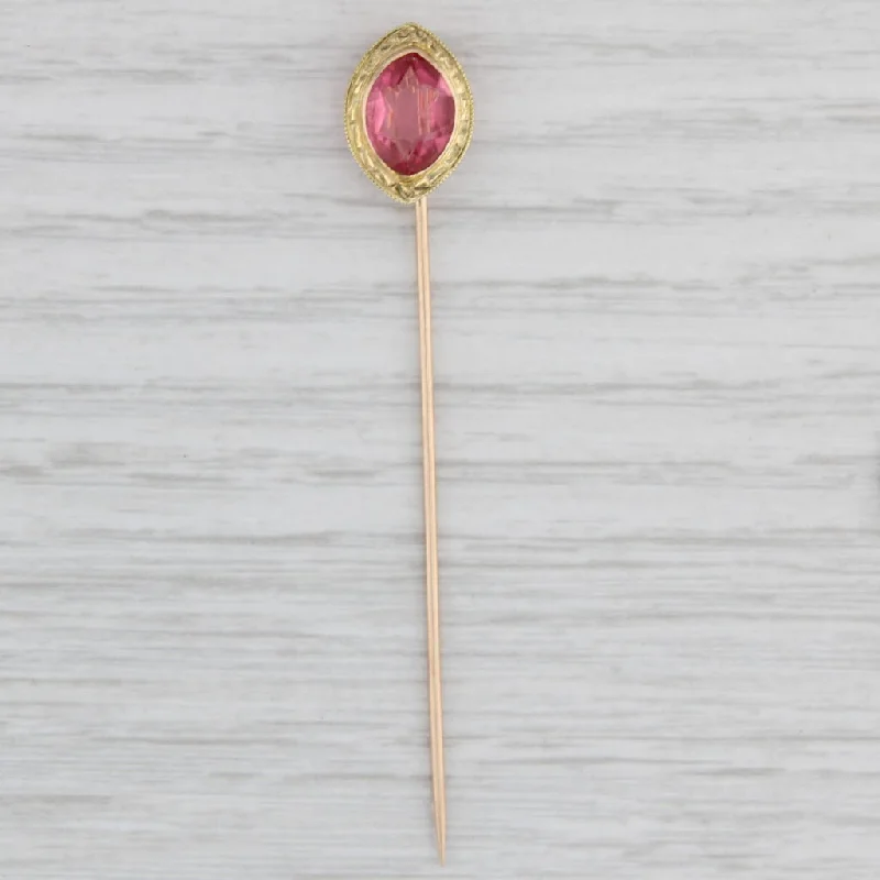 cushion diamond engagement rings for women-Vintage Pink Glass Stickpin 10k Yellow Gold Pin Marquise Solitaire