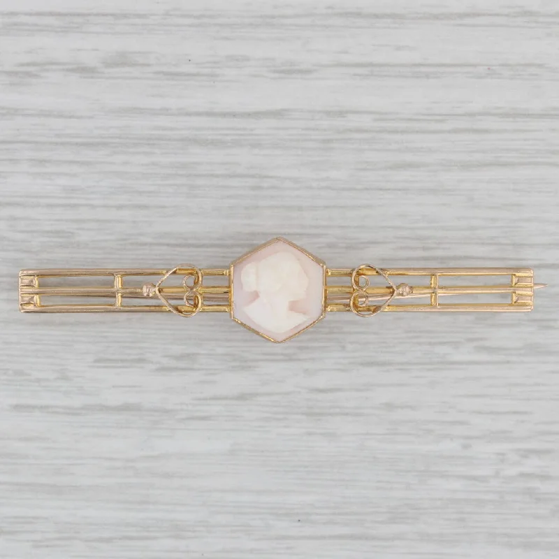 square cut engagement rings for women-Vintage Carved Shell Cameo Bar Brooch 10k Yellow Gold Pin