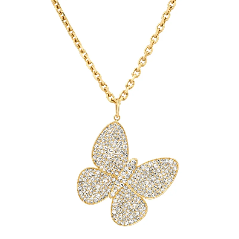 diamond studded necklace for women-SMALL THICK TIGHT LINK CHAIN W/ STUNNING DIAMOND BUTTERFLY PENDANT, 14kt GOLD