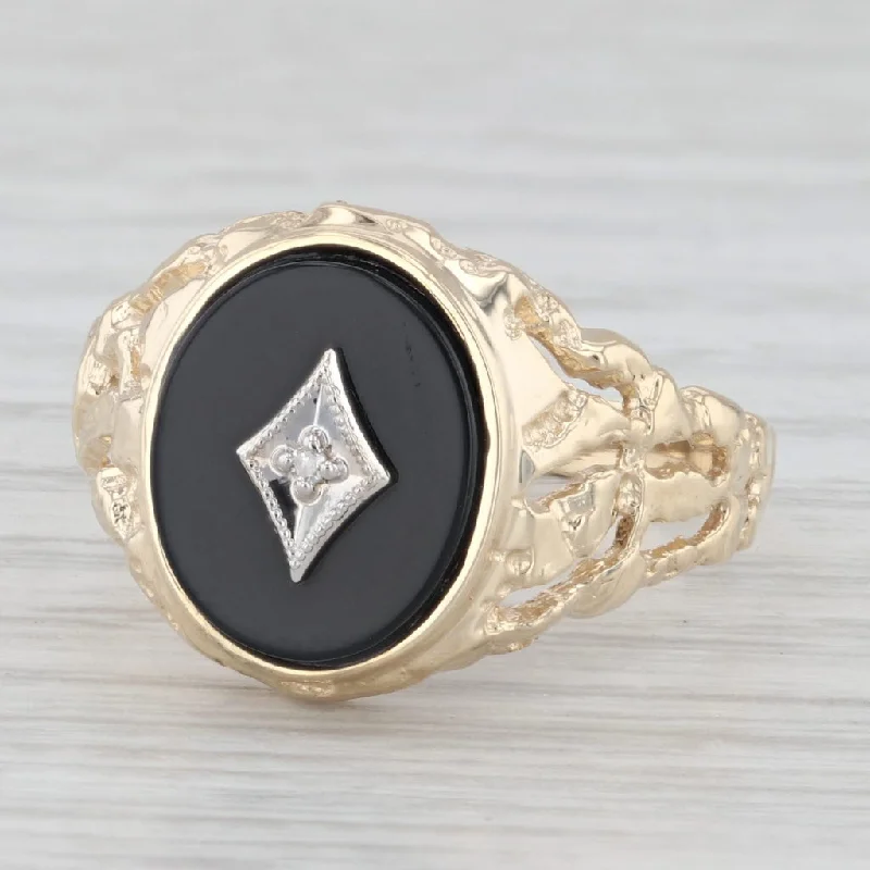 engraved engagement rings for women-Onyx Diamond Signet Nugget Ring 10k Yellow Gold Size 10 Men's