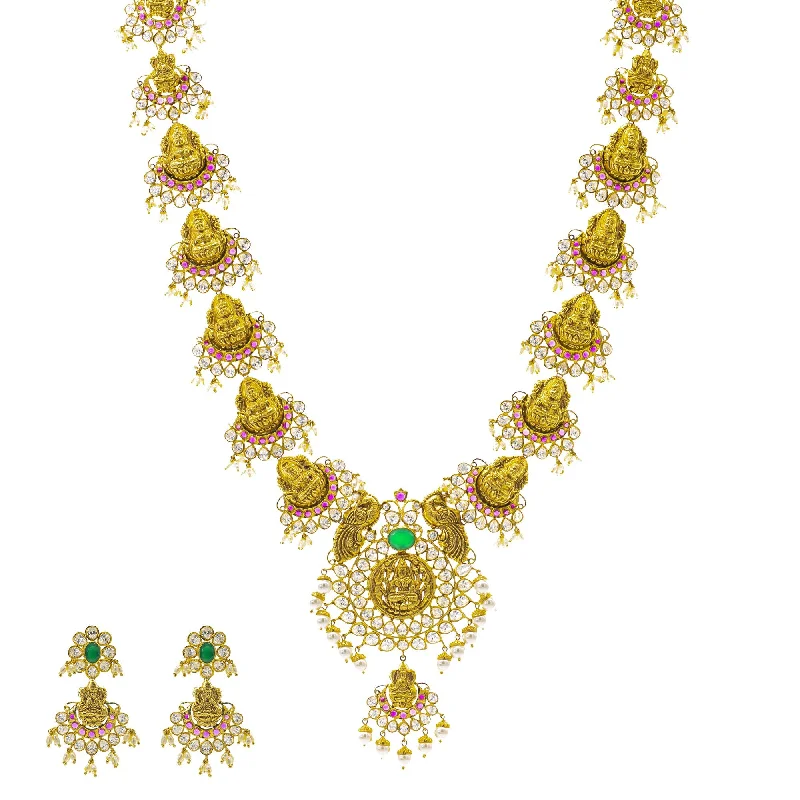 pearl chain necklace for women-22K Gold Jeweled Laxmi Temple Set