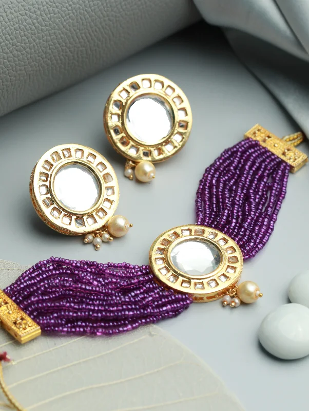 silver choker necklace for women-Gold Plated Round Kundan Studded & Purple Beaded Handcrafted Choker Jewellery Set