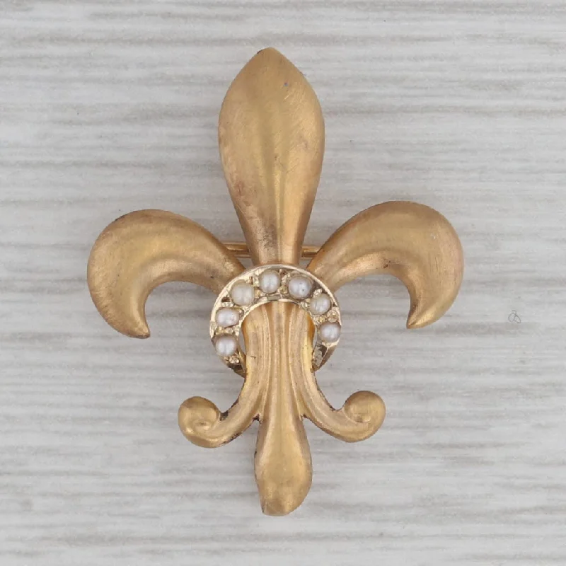 halo engagement rings for women-Antique Fleur De Lis Pin 10K Yellow Gold Matte Seed Pearl Brooch