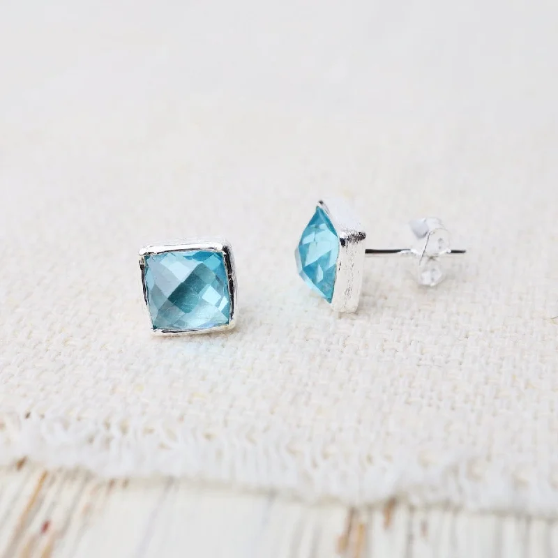 pearl chain earrings for women-Silver Square Madeline Stud Earrings - Blue Topaz