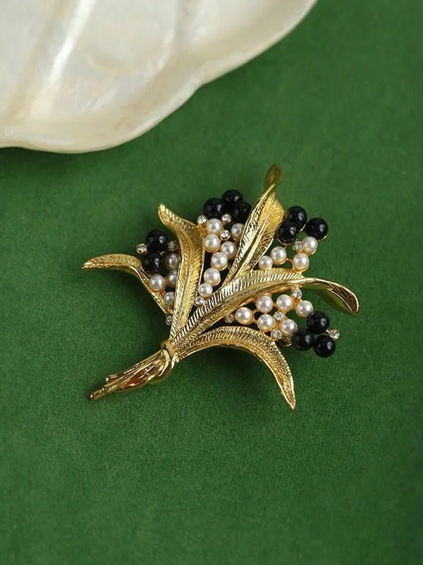 luxury brooch for women-Vintage Pastoral Wheat Ear Black Oynx Pearl Brooch