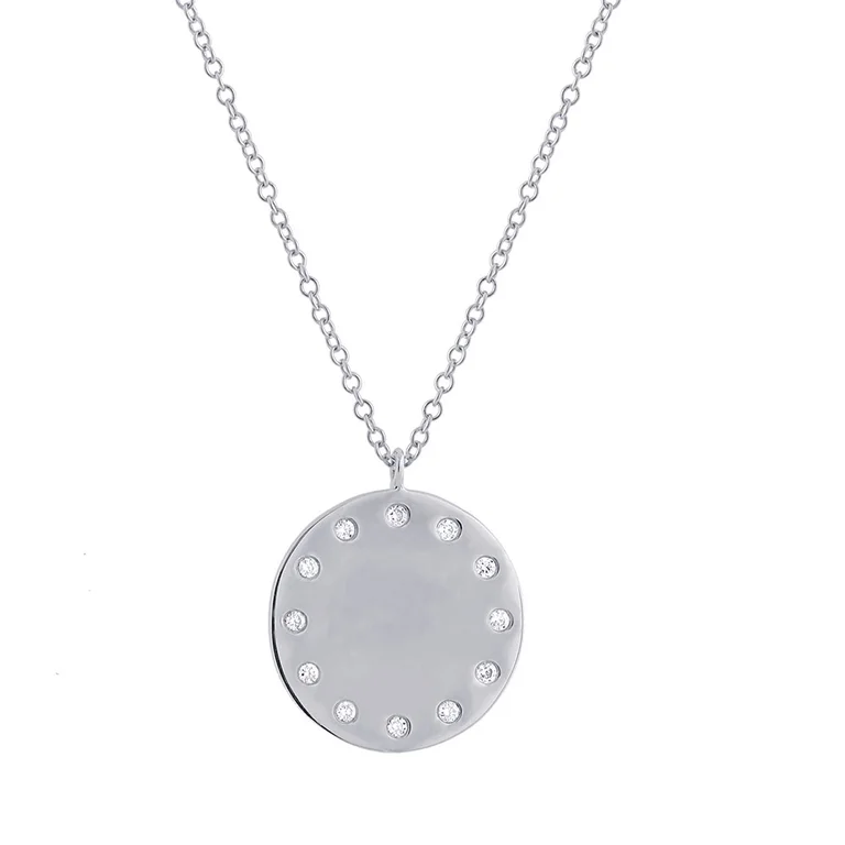 personalized necklace with diamonds for women-14K White Gold Diamond Engravable Polished Disc Pendant