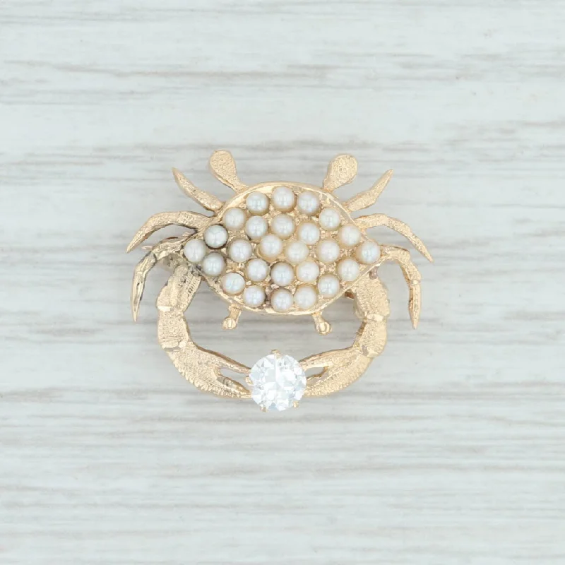 antique diamond engagement rings for women-Pearl 0.34ct Diamond Crab Brooch Pendant 14k Yellow Gold Nautical Pin