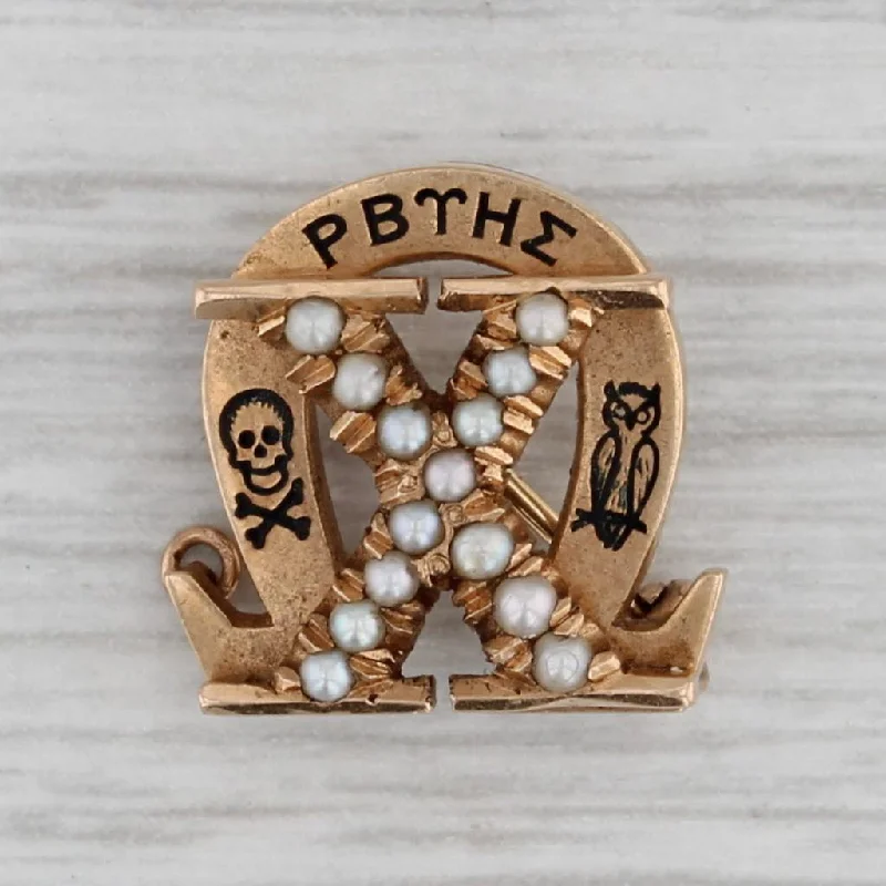 radiant diamond engagement rings for women-Chi Omega Sorority Pin 14k Gold Pearl Skull Owl Badge Vintage Greek 1925 Antique