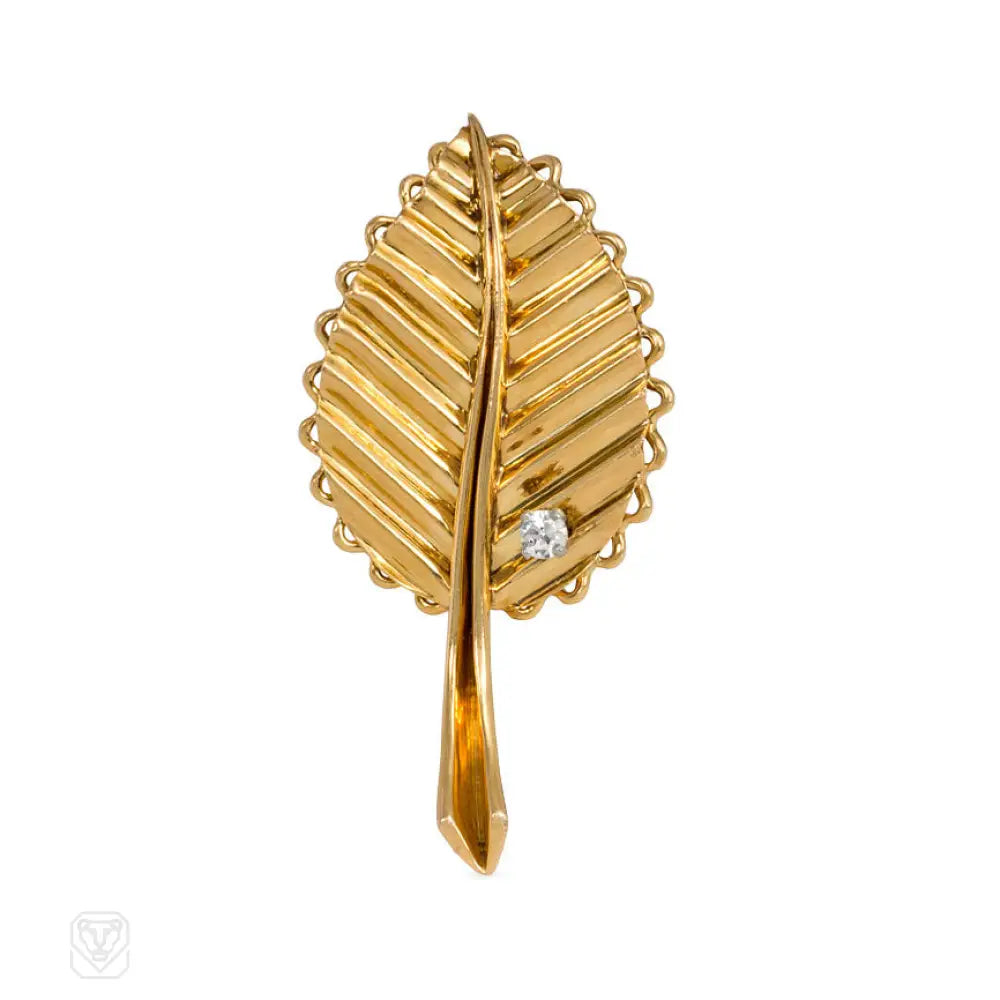 luxurious crystal brooch for women-Mauboussin gold and diamond leaf brooch