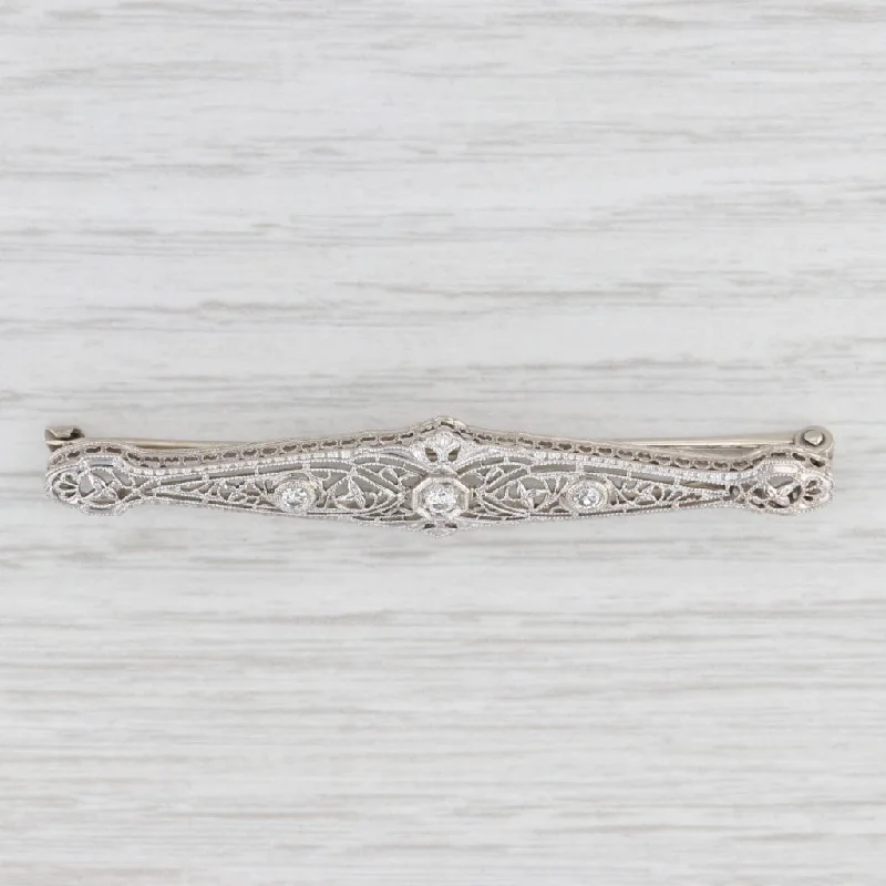 platinum cushion engagement rings for women-Art Deco 0.11ctw Diamond Filigree Bar Brooch 14k White Gold Platinum Pin