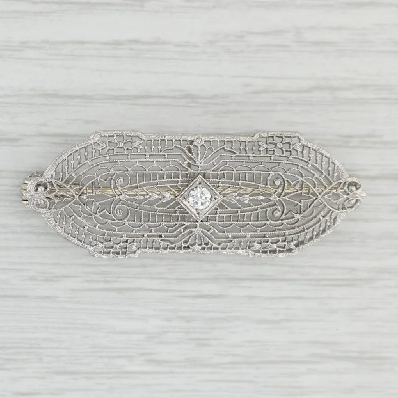 affordable engagement rings for women-Antique Filigree 0.15ct VS2 Diamond Brooch Pendant 14k Gold Platinum Ornate Pin