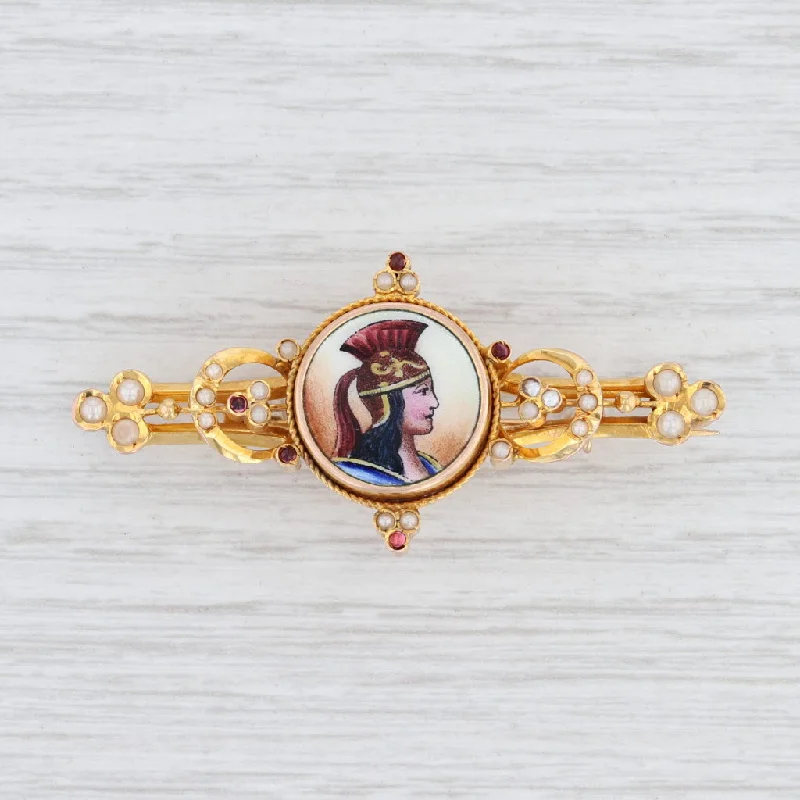 classic engagement rings for women-Antique Soldiers Bust Brooch 12k Yellow Gold Glass Enamel Portrait 1800s Pin