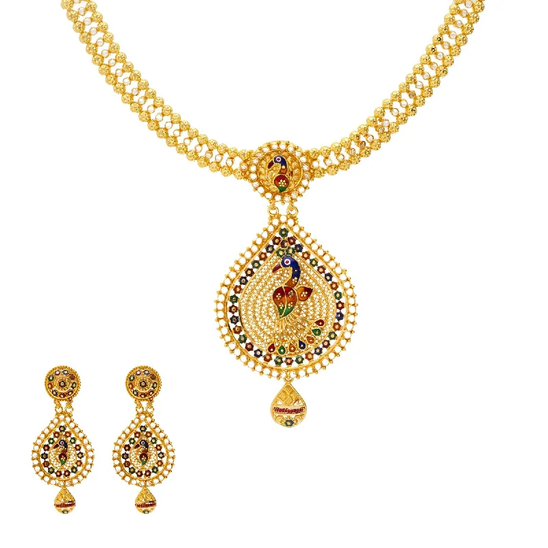 turquoise pendant necklace for women-22K Yellow Gold & Enamel Peacock Meena Set