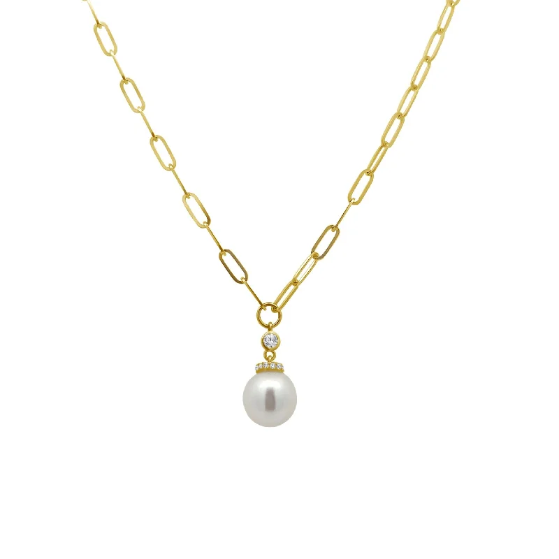 moon pendant necklace for women-Paper Clip & Diamond Bezel Pearl Pendant