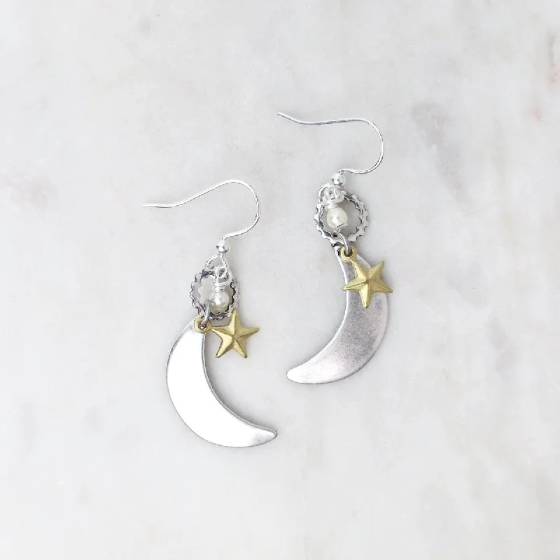 minimalist earrings for women-Silver Moon with Gold Star Earrings