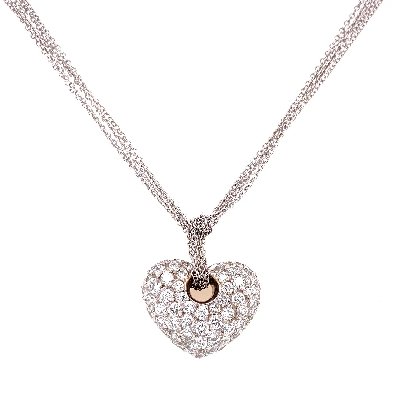 angel pendant necklace for women-18K White & Yellow Diamond Puffed Heart Pendant + Multi Cable Chain