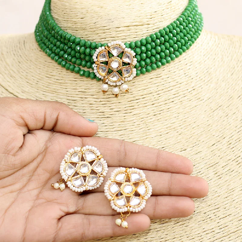 vintage heart pendant necklace for women-Beadsnfashion Glass Crystal Beaded Kundan Choker Set Green