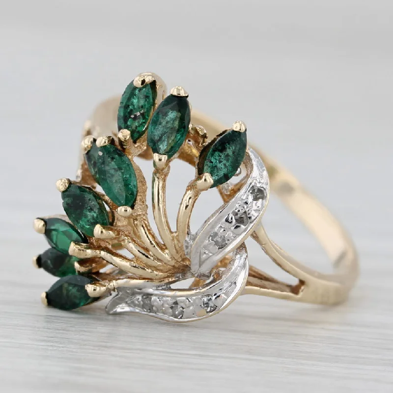 yellow gold engagement rings for women-0.70ctw Diamond Emerald Spray Cluster Ring 10k Yellow Gold Size 7