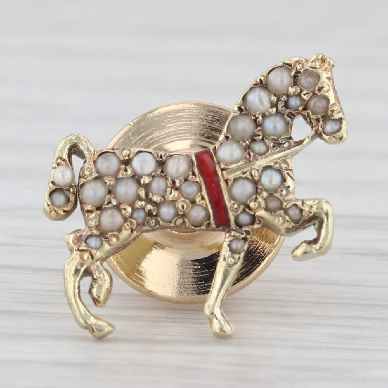 affordable engagement rings for women-Vintage Seed Pearl Enamel Horse 14K Yellow Gold Lapel Pin