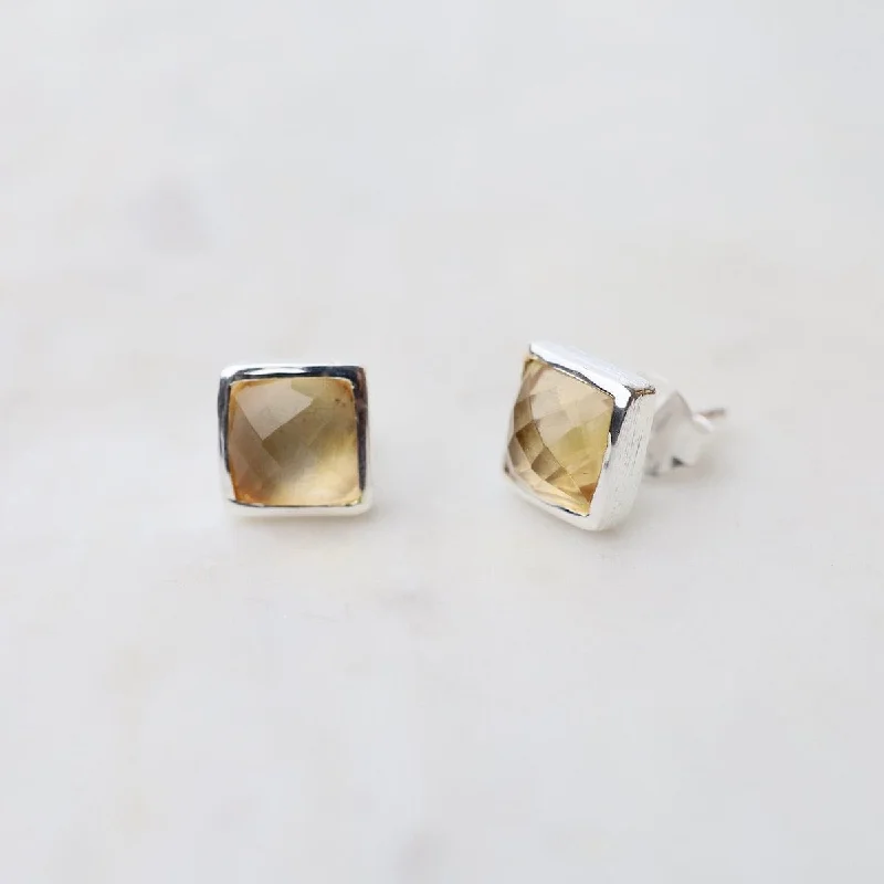 fancy hoop earrings for women-Silver Square Madeline Stud Earrings - Citrine