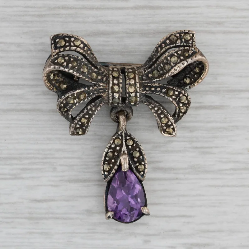 wedding and engagement rings sets for women-Vintage Amethyst Drop Marcasite Bow Brooch Sterling Silver Pin