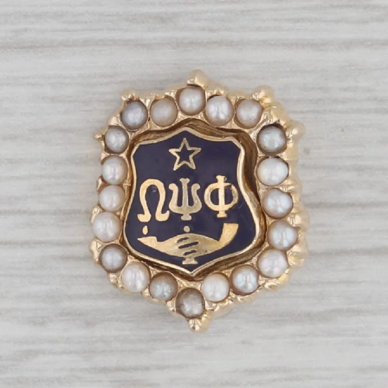 engagement rings with side stones for women-Omega Psi Phi Fraternity Shield Badge 10k Gold Pearl Vintage Pin