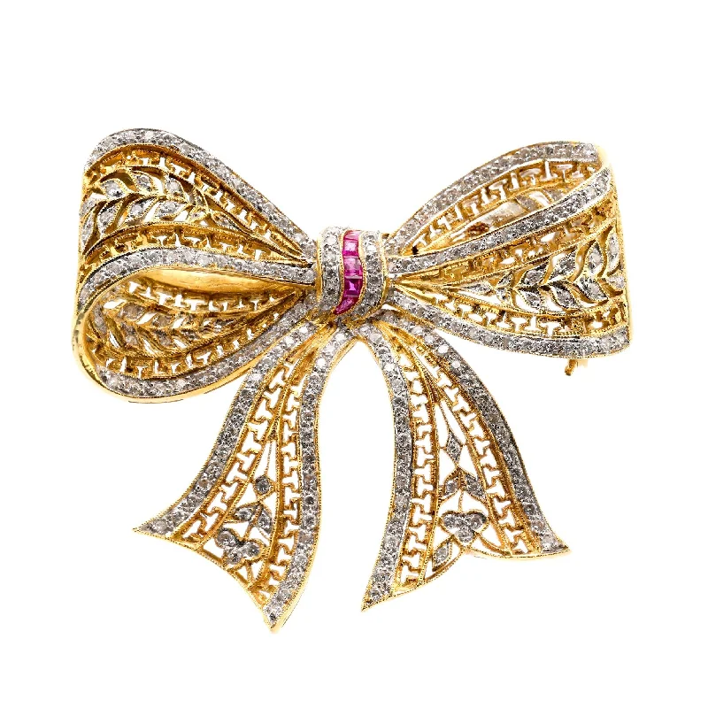 delicate bird brooch for women-Edwardian inspired diamond ruby 18k gold ribbon brooch